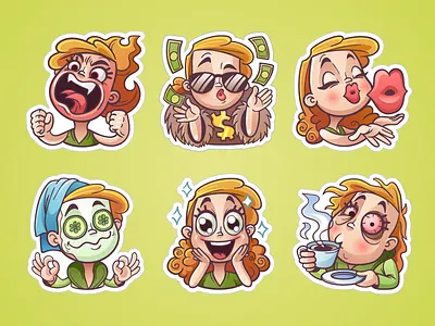 Girly sticker set for angry calm coffee emotions excitement girl kiss money set sticker vector woman