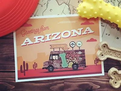 Mobile Tour Announcement Postcard arizona dog mobile tour orange postcard red toy treats warm