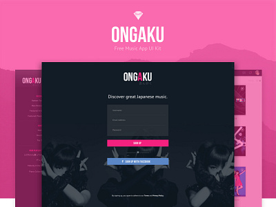 Ongaku: Free Music App UI Kit app black desktop download free freebie japanese list music pink ui user interface