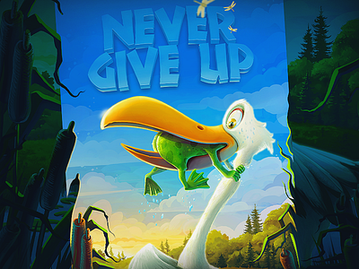 Never Give Up art cartoon character drawing frog fun illustration sarcasm stork swamp