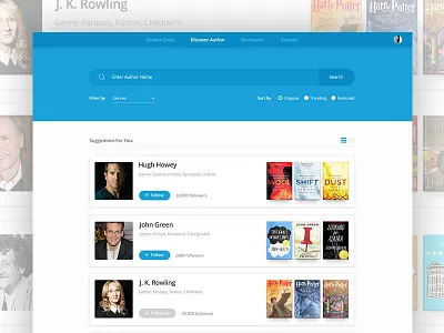 Discover Authors author book card discover filter flat follow list search sort ui ux