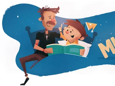 Reading time bed book child family father illustration character reading sleep story book
