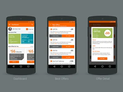 Dashboard design for cellular company with best plans. andrid app design best offers dashboard offers orange recharge recharge app ui ux visual design