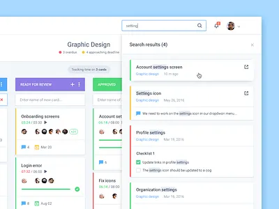 Search results app board cards clean dashboard icons management material design organization project search tasks