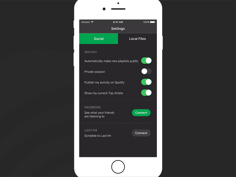 Daily UI #7 - Settings animation dailyui dailyuichallenge flinto iphone mobile phone settings spotify transition