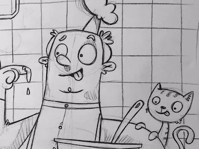 The cook and his cat cat cook kitchen sketch