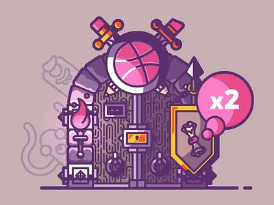 Invites to Dribbble dungeon banner buckler door dribbble dungeon invitation invite pencil shield stones sword torch