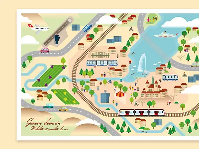 Genève demain cartography geneva illustration lake map switzerland train