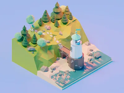 Lighthouse in Costal Landscape 3d 3d art 3d art work 3d design abstract abstract art blue palette clean coastal landscape coastalscene creative digital art lighthouse lighthouse design miniature miniature design minimalist 3d nature natureillustration warm