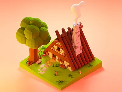3D Model: Wooden Cabin 3d 3d art 3d art work 3d design clean clean design cozy creative gradient gradient background micro living minimalist minimalist 3d natureillustration tree warm warm colors warmlighting wooden cabin woood