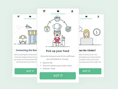 Onboarding Cards cafe card character face food illustration lunch man onboarding people person woman
