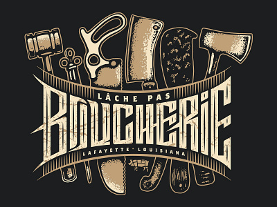 Lâche Pas boucherie cochon cuisine culture hand drawn illustration lettering pig process tools type