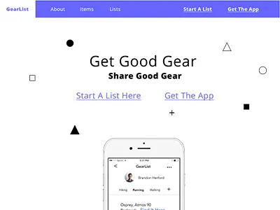 GearList UI for Web app code design landing list page simple ui ux web