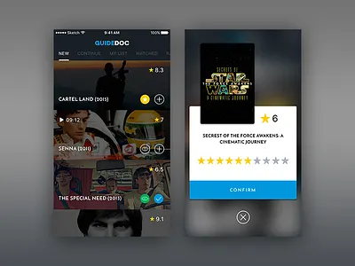 GuideDoc App - Home & Rate screens black blue docs documentary gray home ios iphone rate sketch white yellow