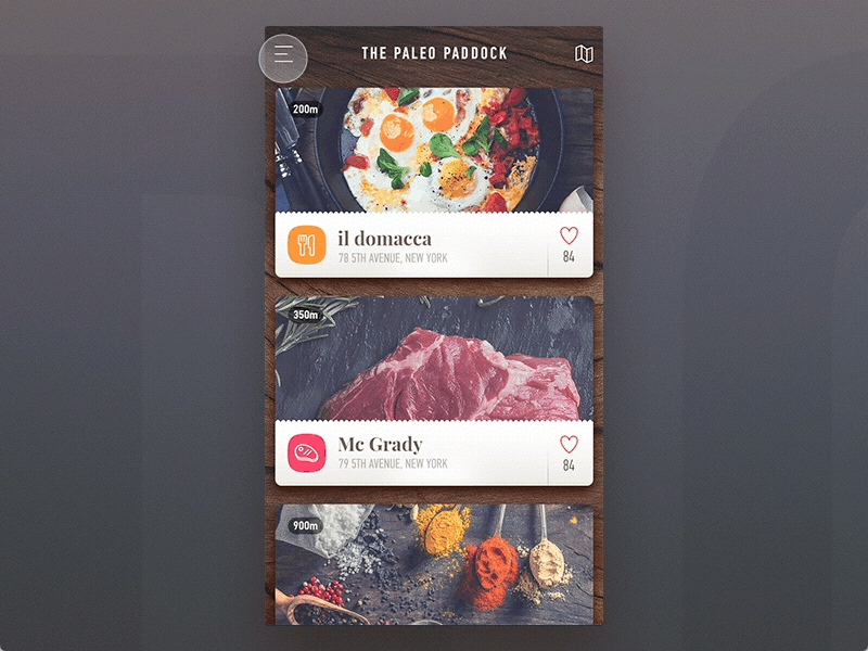 Paleo Paddock - ios application (menu animation) animation app dashboard food free healthy listing menu principle prototype restaurant