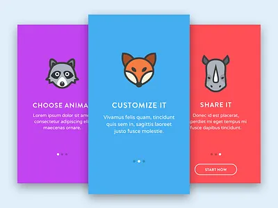 Onboarding screens app application flat fox icon iphone mobile onboarding raccoon rhino steps walkthrough
