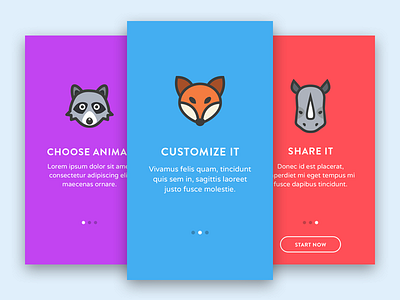Onboarding screens app application flat fox icon iphone mobile onboarding raccoon rhino steps walkthrough