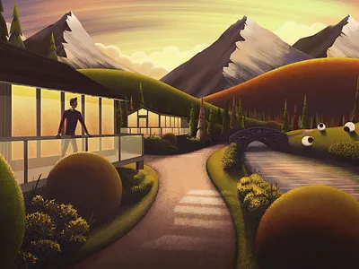 Sunset Cabin art bridge bushes cabin illustration landscape mountains river sheep sunset trees