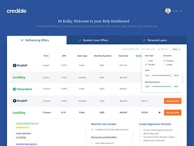 Loan Refinance Dashboard dashboard design finance loan table toggle ui ux