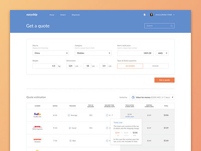 Easyship dashboard courier dashboard easyship quote ship shipping table ui