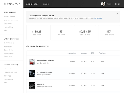 Genesis Dashboard dashboard gotham marketing media music purchase simple table ui ux