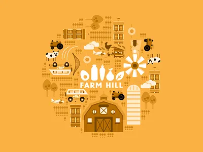 Illustration Patterns barn buildings colorful farm grayscale greyscale icons illustrations mill pattern tractor windmill