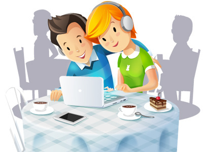 Internet cafe 2d art cafe cake coffee design graphic illustration internet laptop people vector