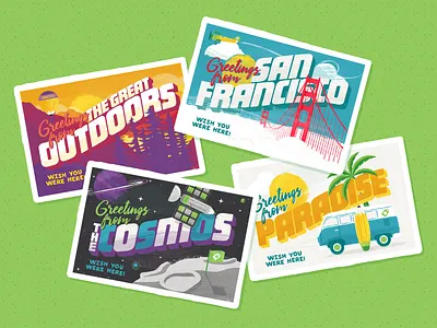 postcards creative market golden gate illustration moon mountains pencil plane planet postcard space sun van