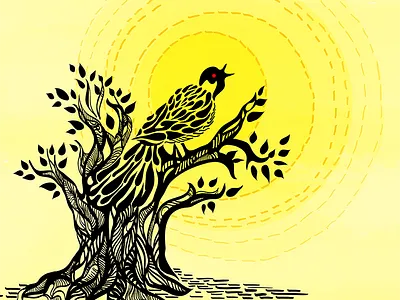 Call of the Koel bird black graphic design heat illustration ink song summer yellow