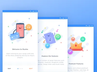 Muziko Android App - Onboarding android characters crown cute illustration material monster music onboarding phone welcome