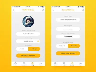 Settings (iOS App) app ios iphone profile select settings switch ui user user interface