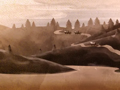 Ol' Dusty Trail california covered wagon digital forest gold rush illustration mountains pioneer scenery sepia western