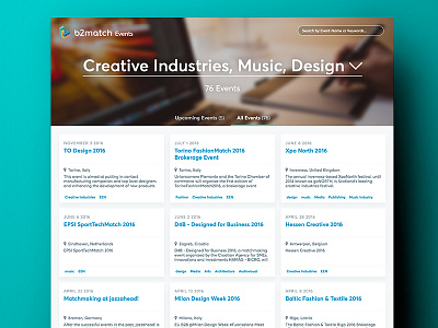 Event Platform Topic Site event website events landing page layout list overview tagging tiles ux website