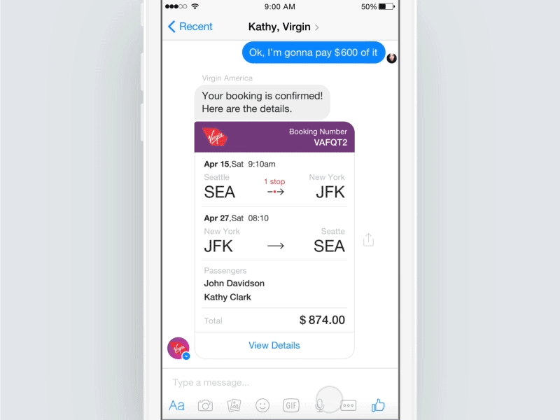 Messenger Bots & Partial payment Concept ai bot chat chatbot conversational commerce facebook flight makeitbetter messenger principle travel ux