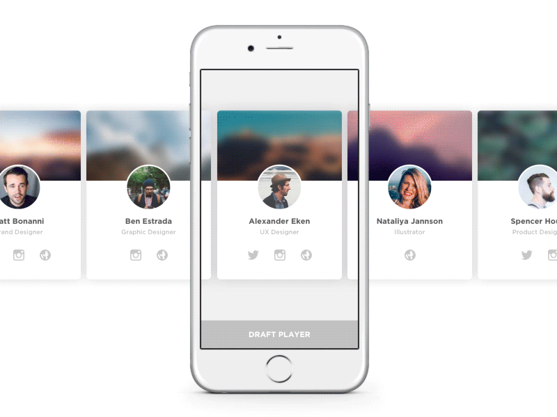 4 The Players [Dribbble Invites Giveaway] after effects animation app cards clear ios minimal mobile principle tinder ui white