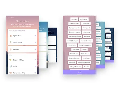 BetterCompany Onboarding Redesign anonymous career chat icons interests list overlay profile signup tags ui work
