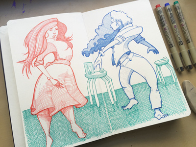 Dance Off! blue crosshatching danceoff drawing gesture green illustration micron moleskine patterns red sketchbook