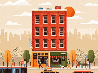 Street Life architecture building bus city cityscape clouds dog people skateboarder skyline taxi trees