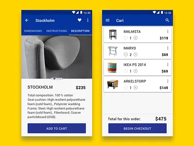 IKEA android app cart checkout design ikea material menu navigation price shop ui