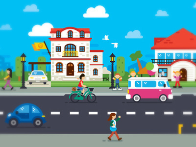 illustration neighborhood bike car house ice cream illustration neighbor neighborhood people street town web