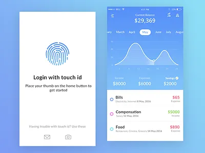 Bank app mock ups (Current balance + Login) app balance bank camera current economic income menu savings ui user
