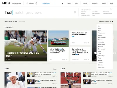 Search on BBC Homepage bbc categories filter home homepage mobile news responsive results search top web