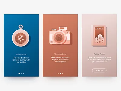 Travel App Tutorial camera colors compass guide illustration tourist travel tutorial ui ux walkthrough