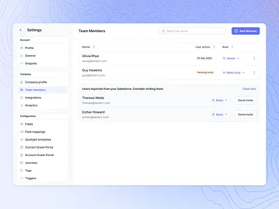 Adding team members add add user contact crm import imported imported contacts invitation invite invite people invite user nav bar navigation navigation sidebar salesforce settings settings screen side menu sidebar sidepanel