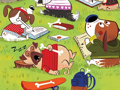 k9 Academy illustration for Highlights Magazine bones cartoon dogs funny humor k9 magazine illustration park