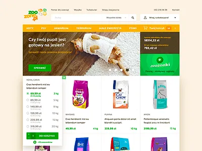 ZooZone 🐶🐟🐦🐱 accessories colorful ecommerce food pet shop warm web webdesign