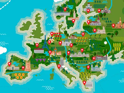 Map of Europe attraction europe flat flowers illustration map mountains ocean