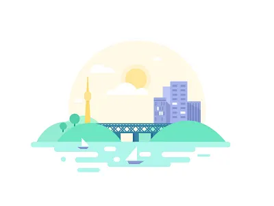 River&City bridge city illustration river sun tree