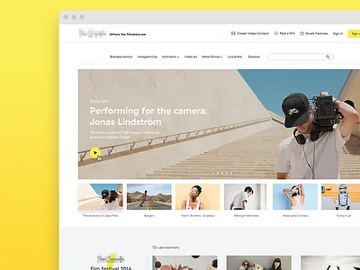 A filmmakers platform carousel film homepage landing maker navbar playlist search showreel ui videos yellow