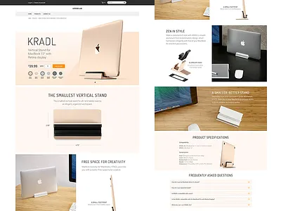 Kradl product landing page clean e commerce flat landing page macbook product stand ui website